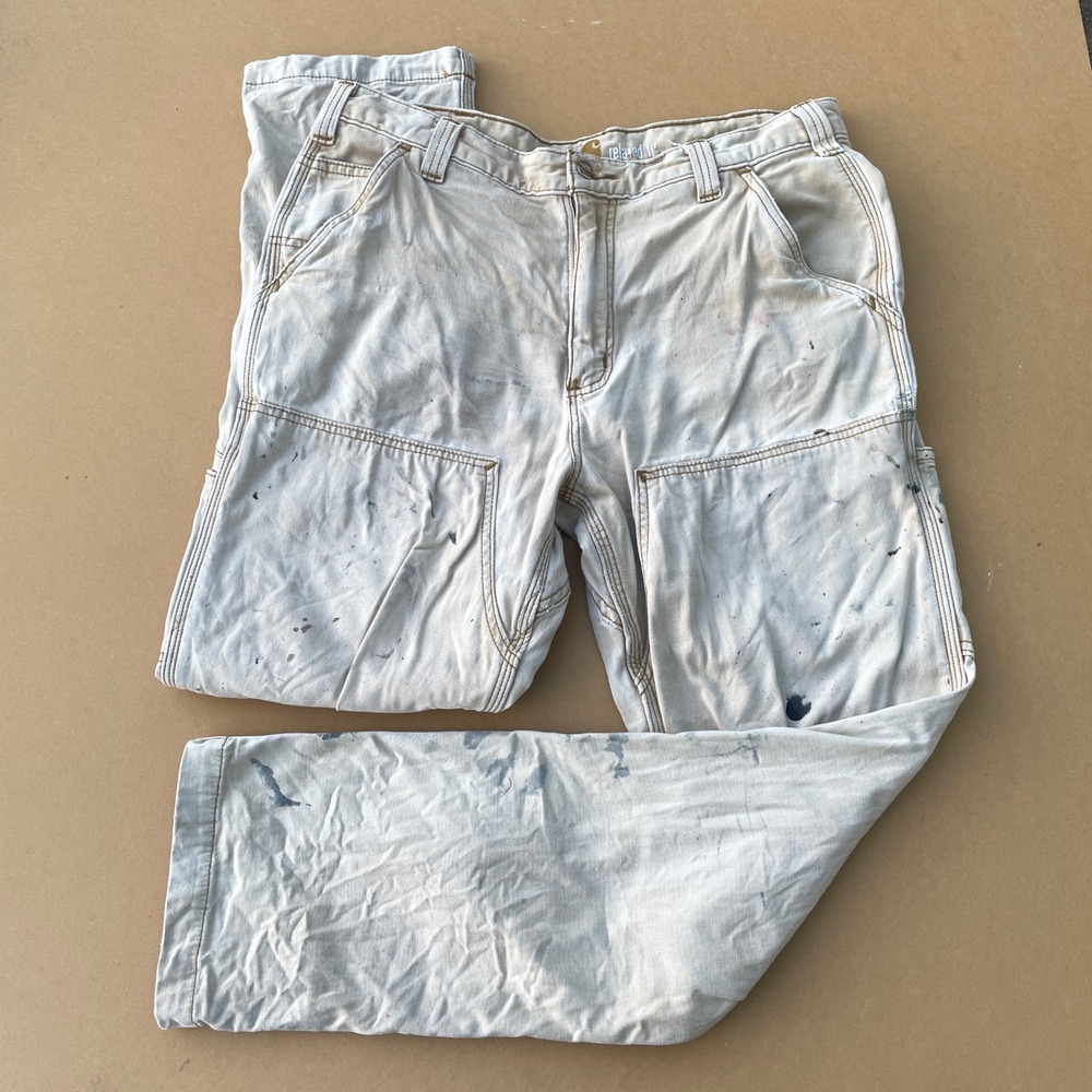 Carhartt Double Knee Pants Mens 33x29 Tan Workwear Distressed Paint Splatter